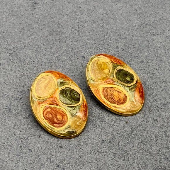 Multicolor Gold Swirl Earrings Pierced Oval Red Blue Green Organic Retro - Picture 4 of 6